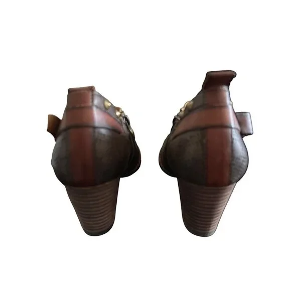 L'ARTISTE KACIE BROWN LEATHER STUDDED PUMP BLOCK HEEL & ZIPPER SIZE 41/10.5 - Picture 5 of 10